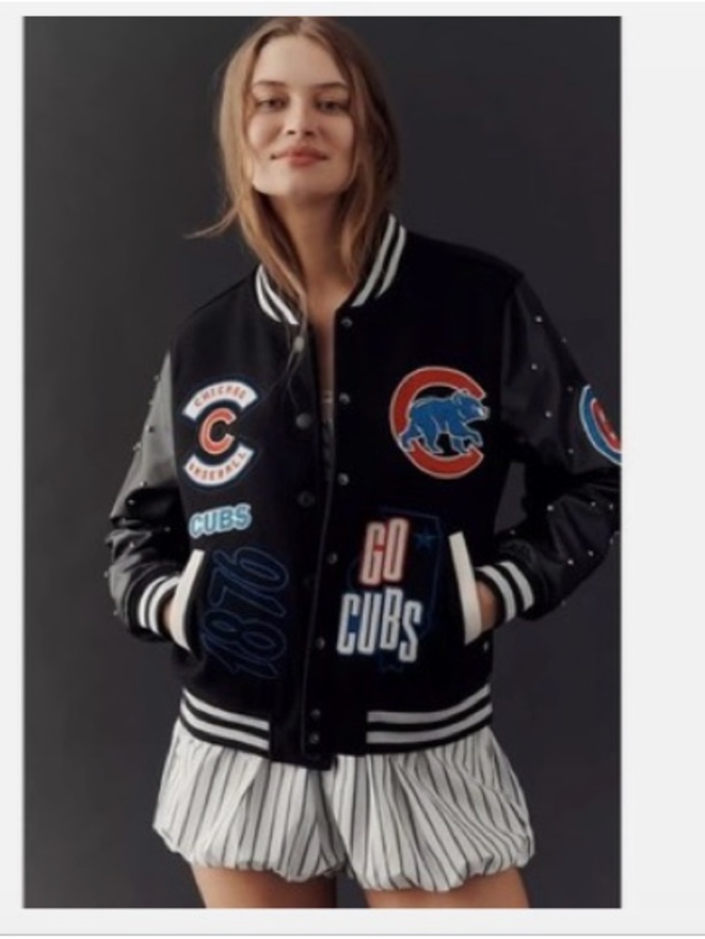 Anthropologie Black Varsity Jacket with Blue & Red Chicago Cubs Patches